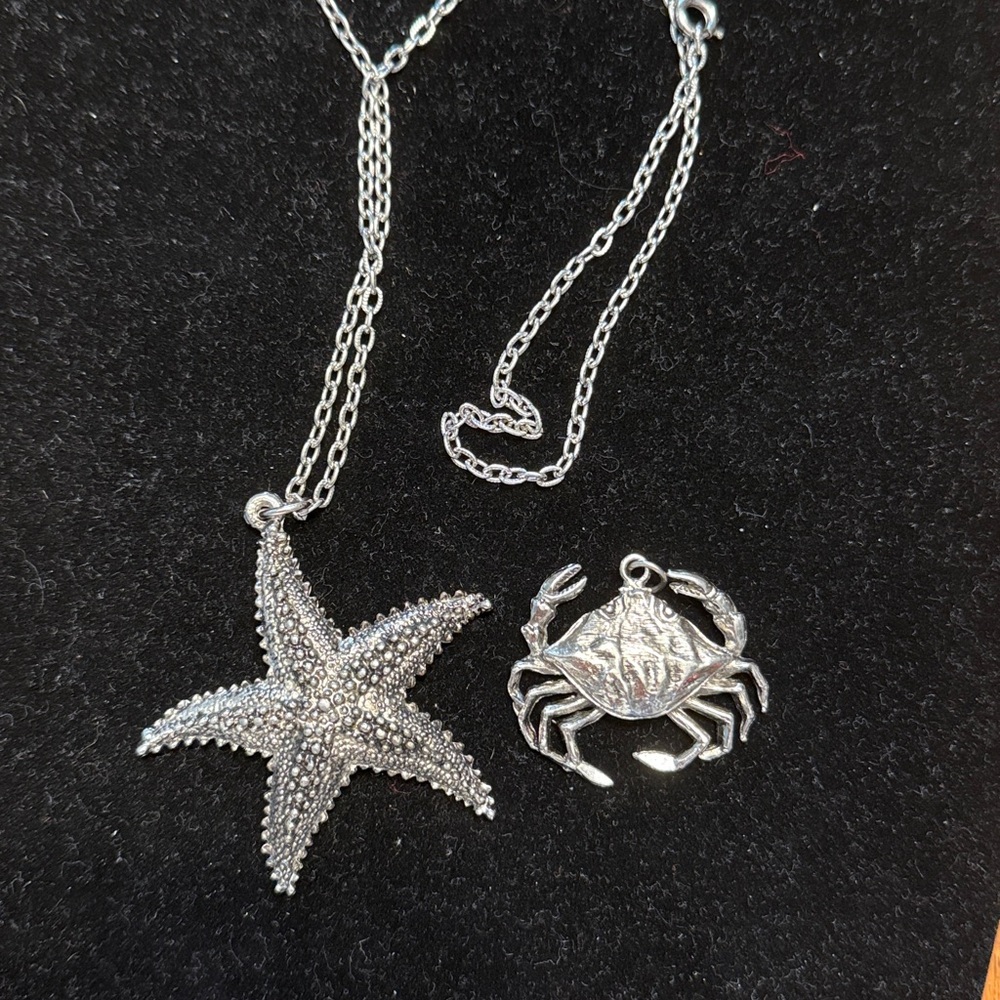 Silver Necklace with  Crab and Starfish Pendants